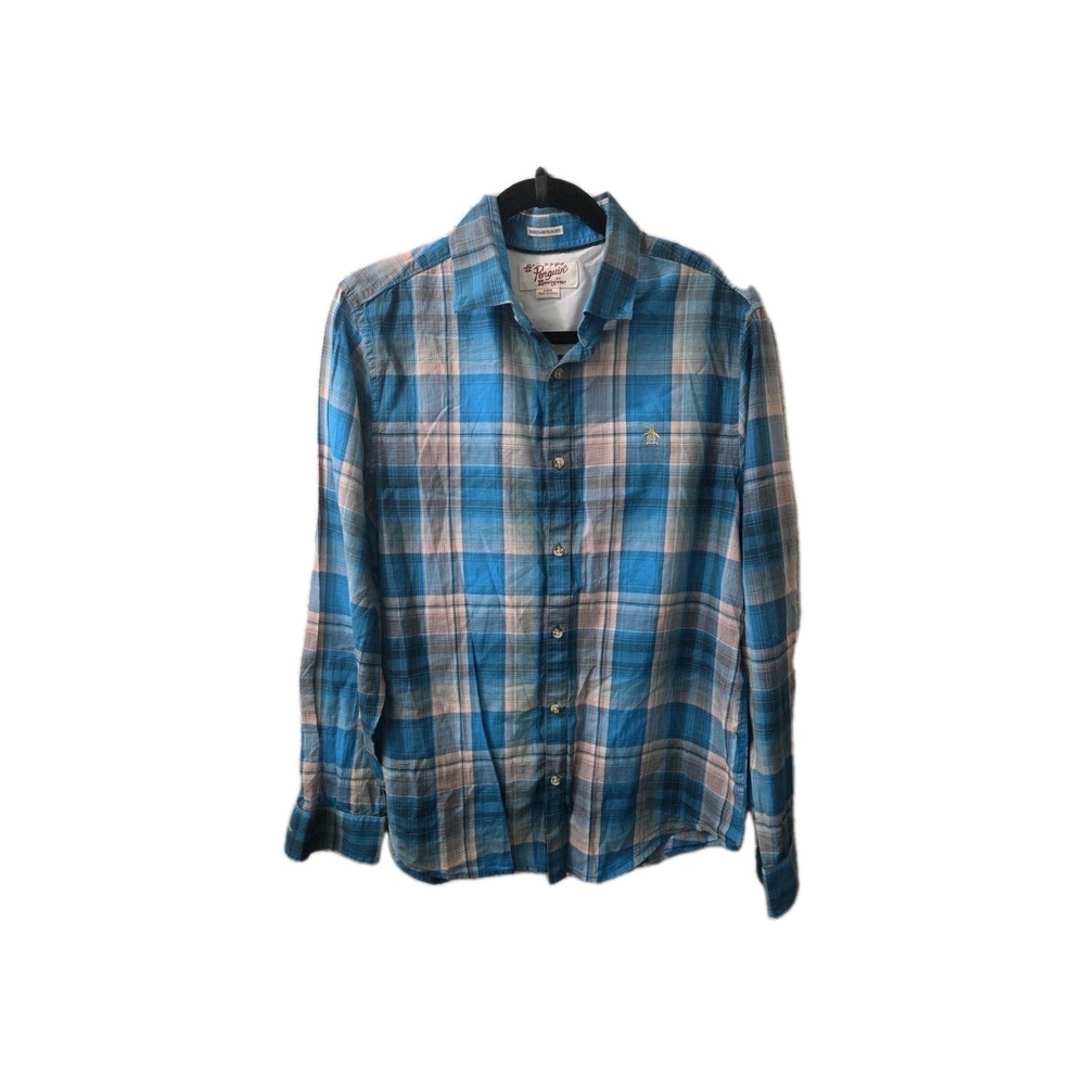 Original Penguin Heritage Slim Fit Plaid Button Down Shirt‎ Blue Beige Men's L